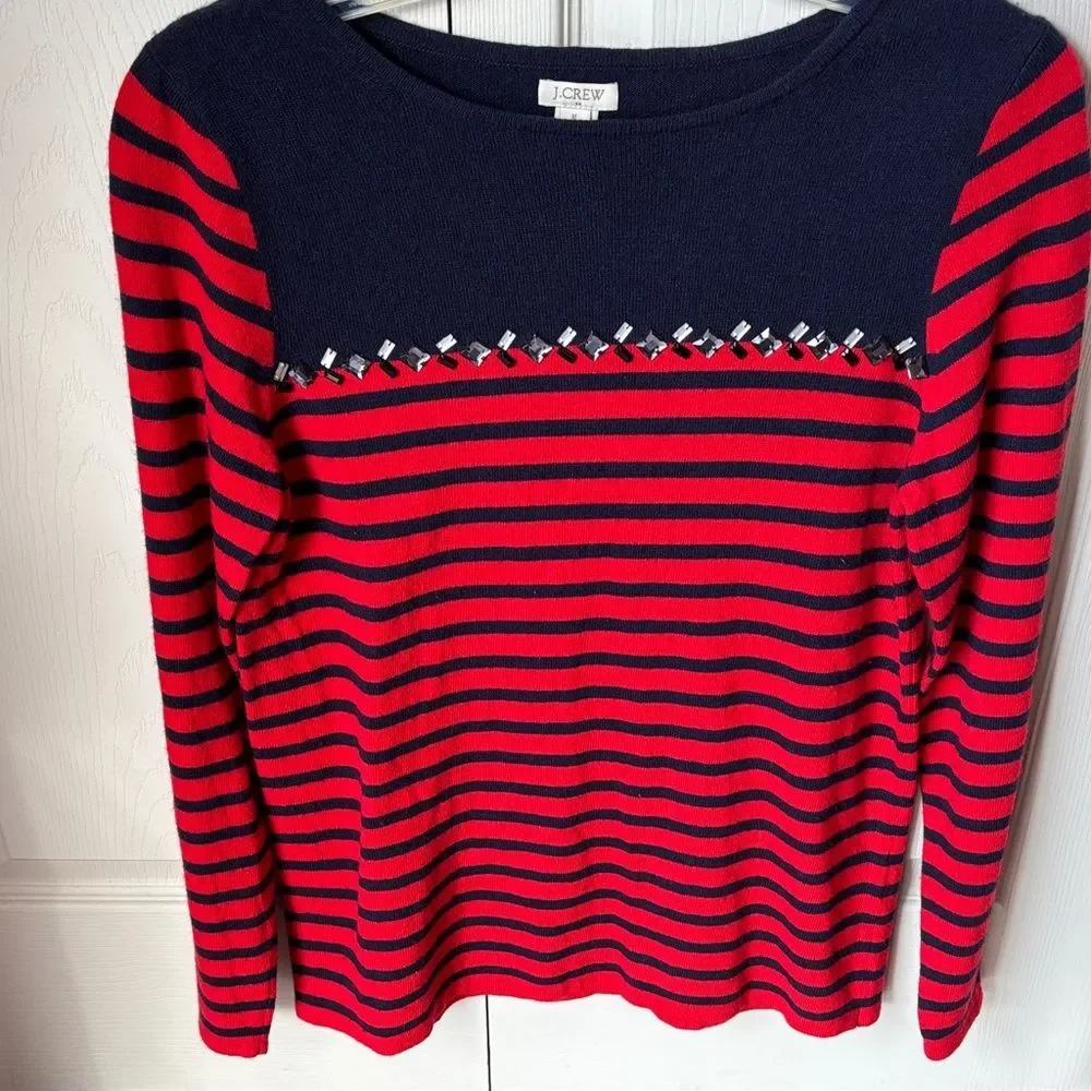 J. Crew Breton-Striped Women's Navy Red Gem Rhinestone sweater wool top Med EUC